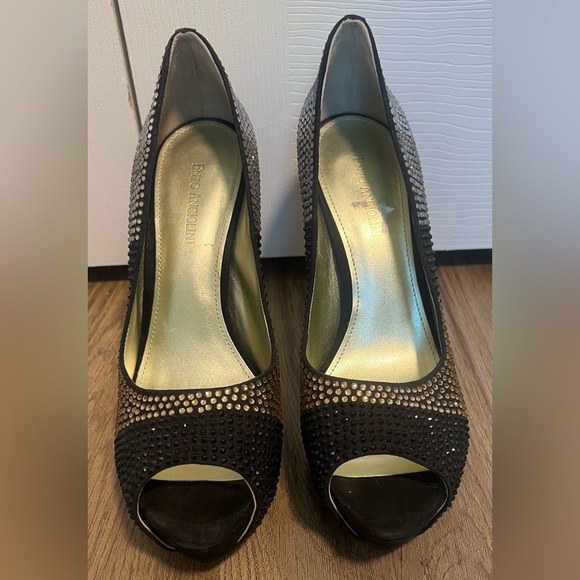Women's Enzo Angiolini Black/Gold/Silver Rhinestone encrusted PeepToe Heels - Picture 2 of 6